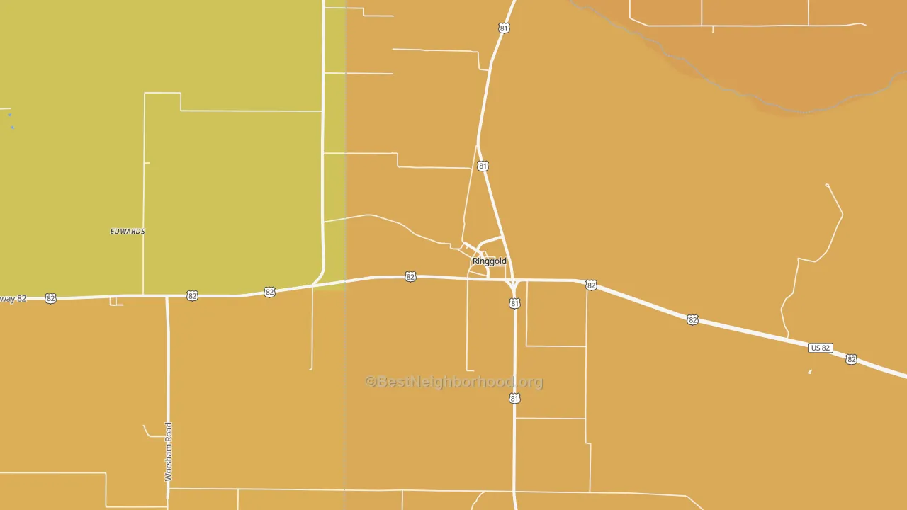 Map of the best neighborhoods in the Ringgold area, with better matches in green and worse matches in red