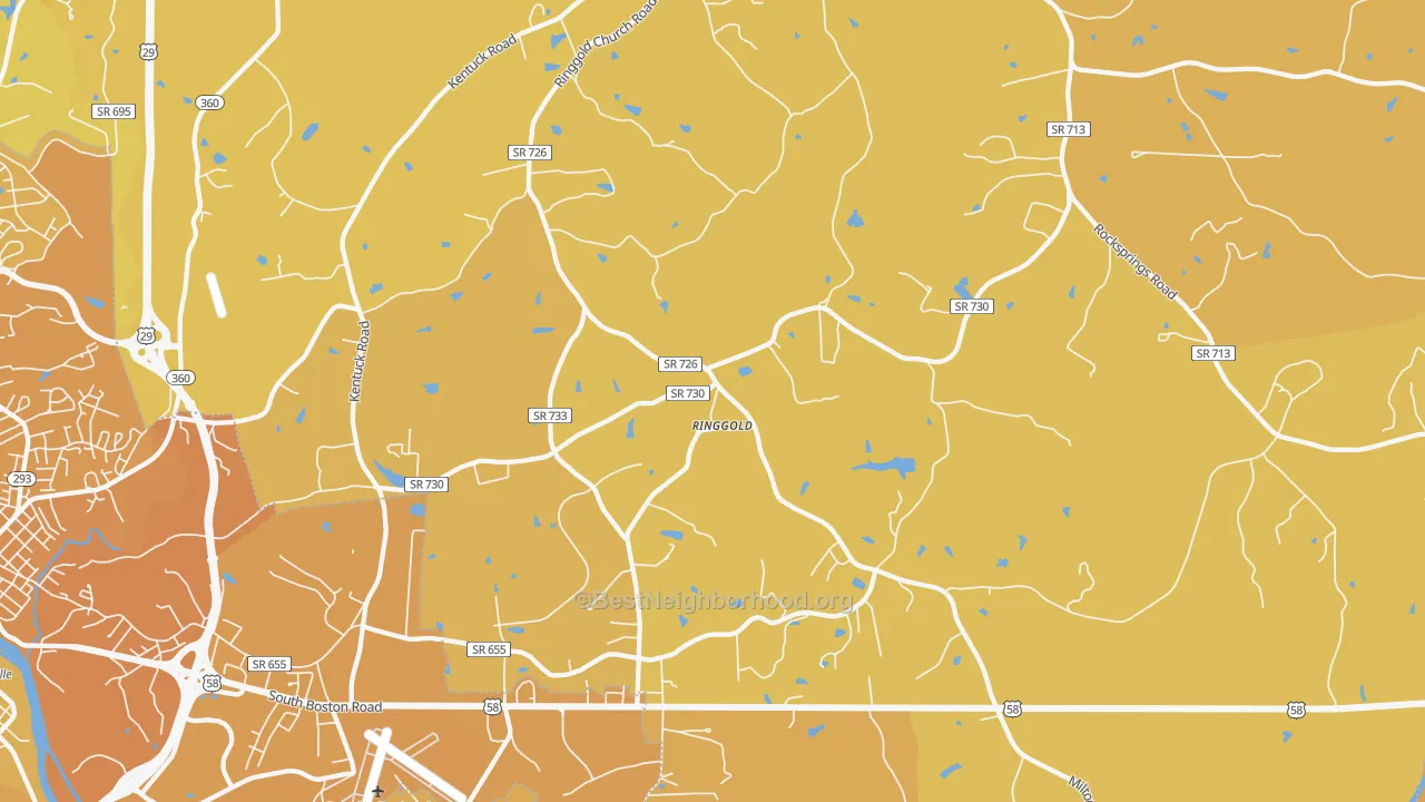 Map of the best neighborhoods in the Ringgold area, with better matches in green and worse matches in red