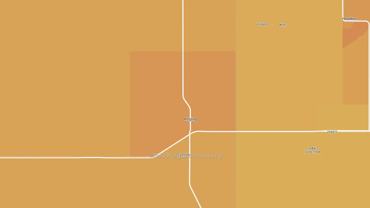 Map of the best neighborhoods in the Ringling area, with better matches in green and worse matches in red