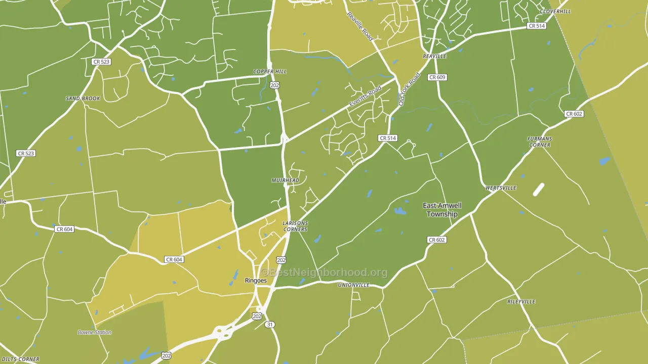 Map of the best neighborhoods in the Ringoes area, with better matches in green and worse matches in red