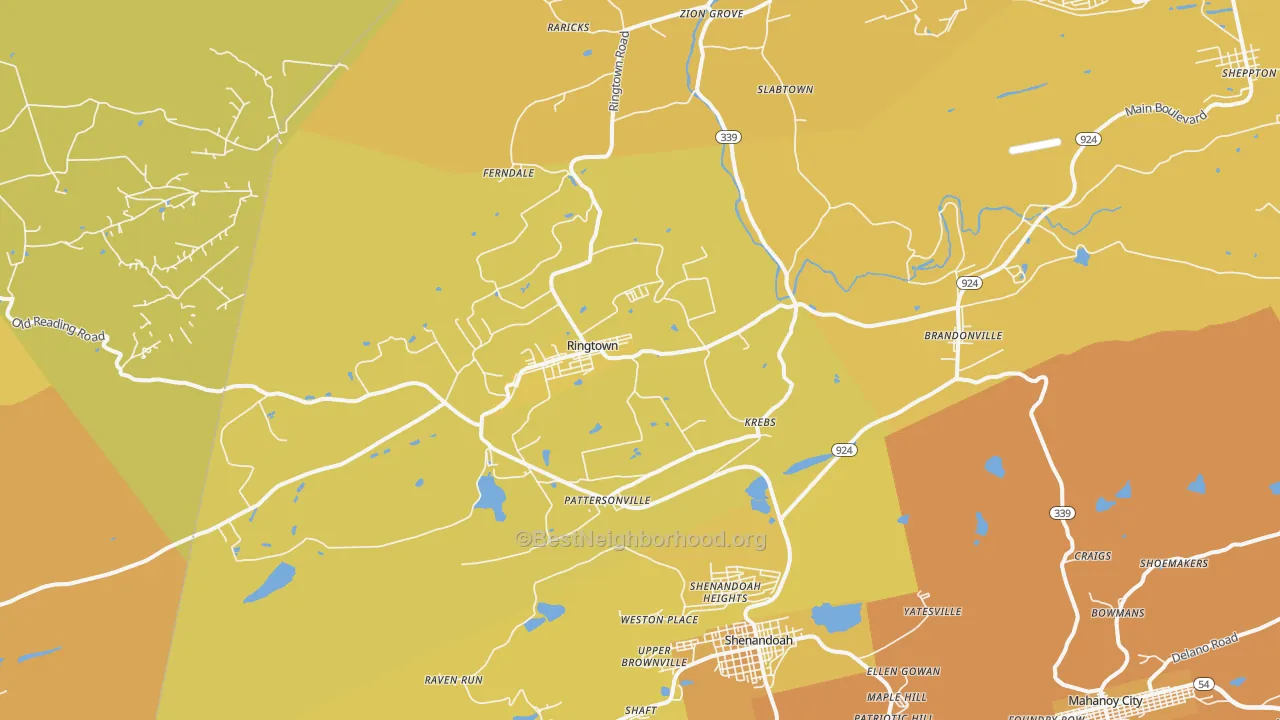 Map of the best neighborhoods in the Ringtown area, with better matches in green and worse matches in red