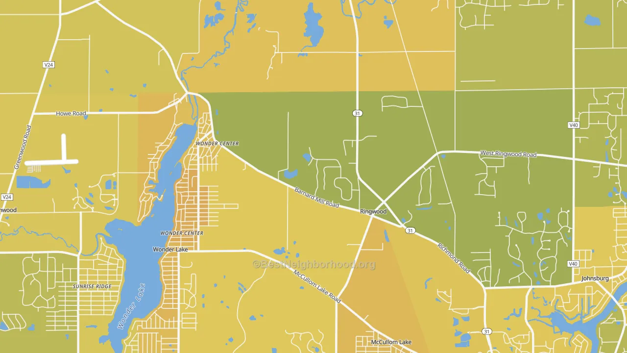 Map of the best neighborhoods in the Ringwood area, with better matches in green and worse matches in red