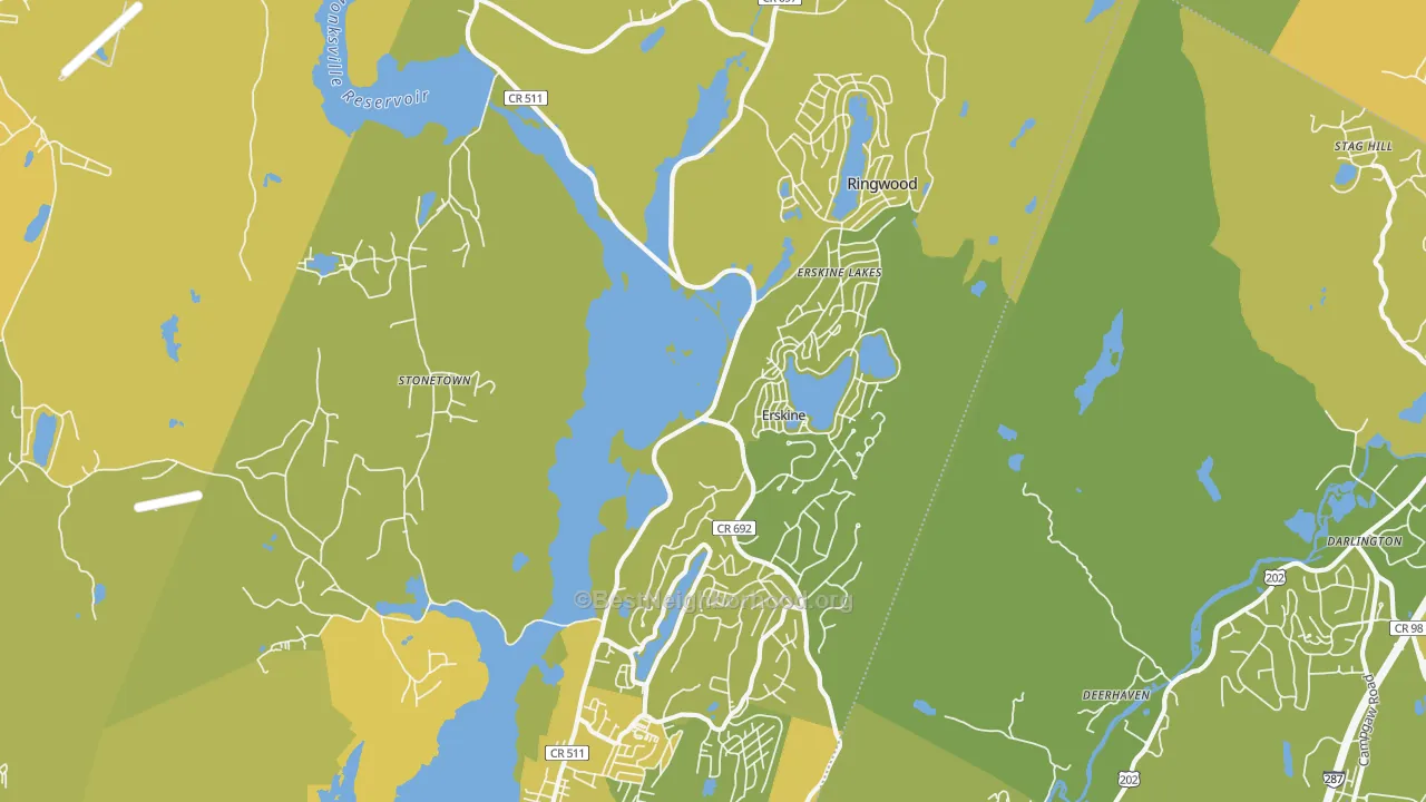 Map of the best neighborhoods in the Ringwood area, with better matches in green and worse matches in red