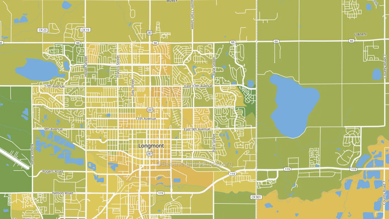 Map of the best neighborhoods in the Rinn area, with better matches in green and worse matches in red