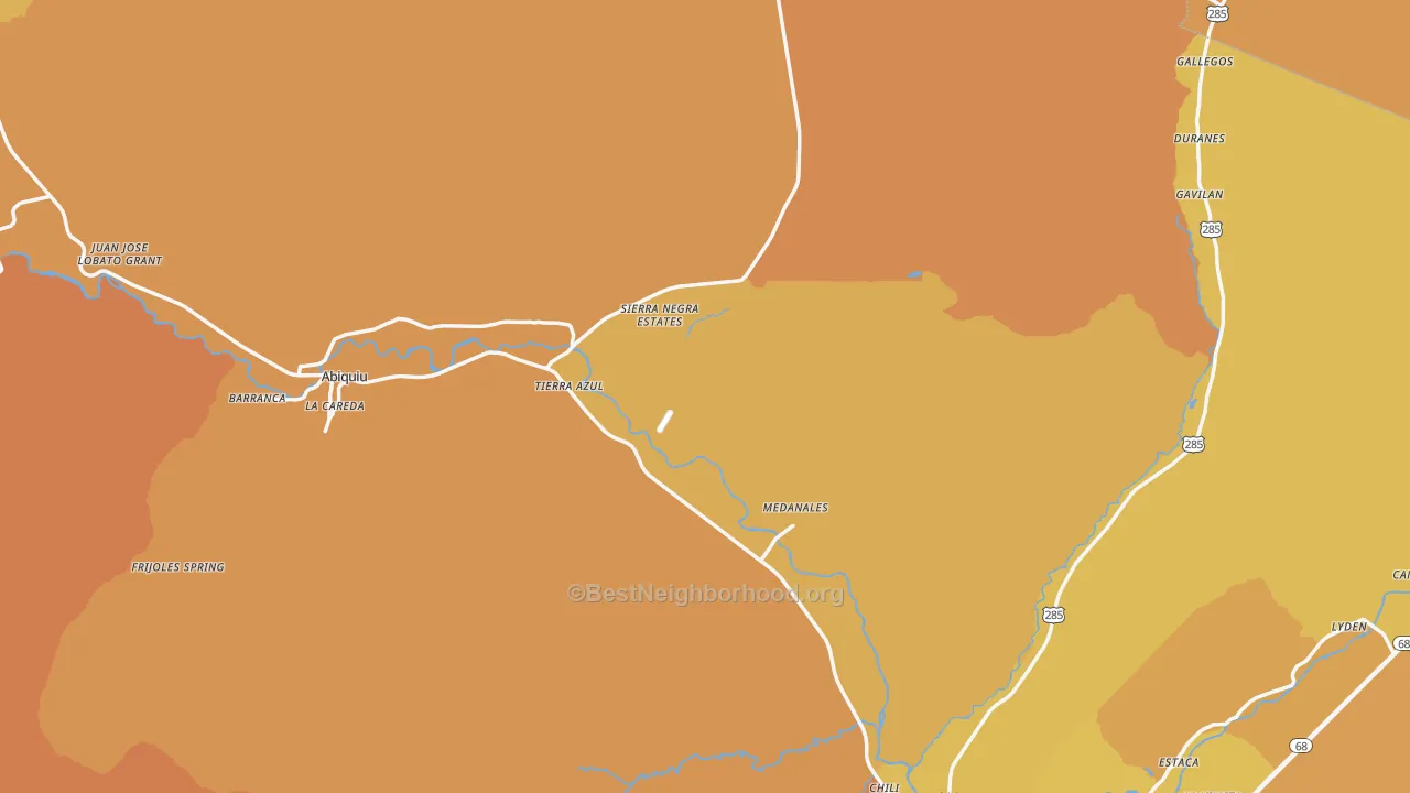 Map of the best neighborhoods in the Rio Arriba County area, with better matches in green and worse matches in red