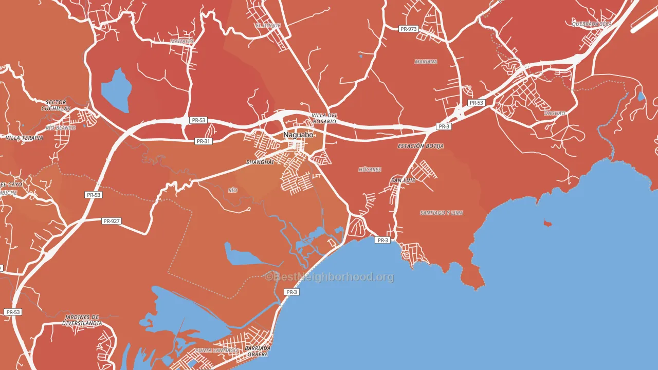 Map of the best neighborhoods in the Rio Blanco area, with better matches in green and worse matches in red