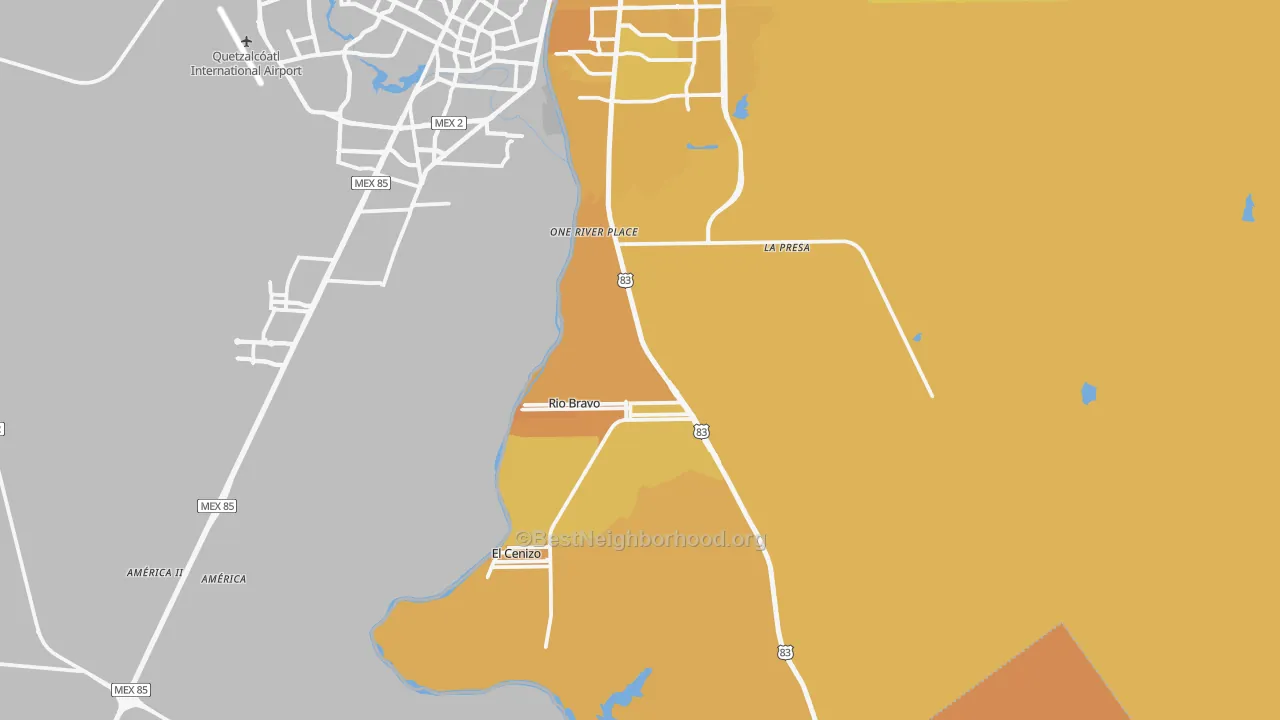 Map of the best neighborhoods in the Rio Bravo area, with better matches in green and worse matches in red