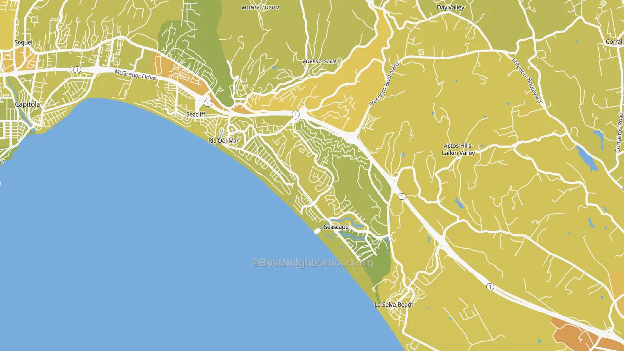 Map of the best neighborhoods in the Rio del Mar area, with better matches in green and worse matches in red