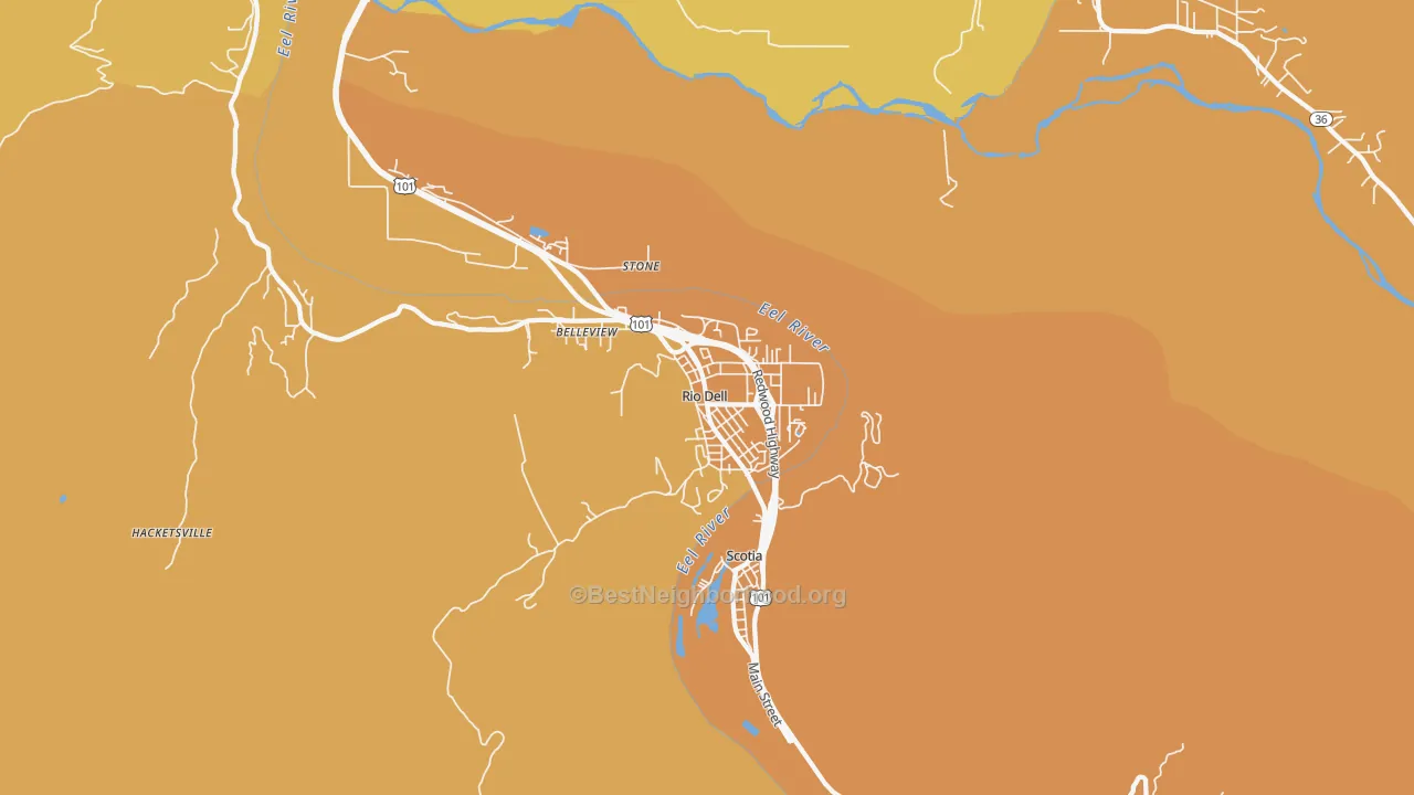 Map of the best neighborhoods in the Rio Dell area, with better matches in green and worse matches in red
