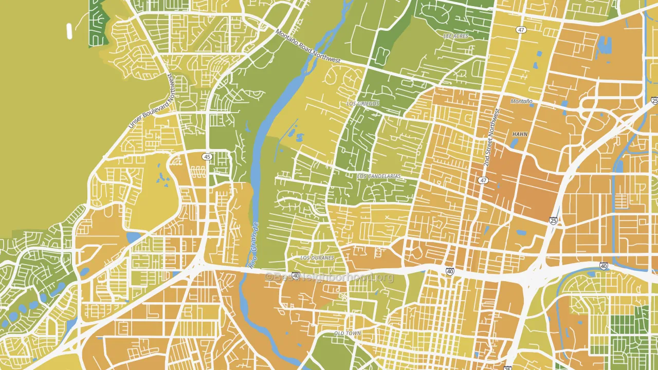 Map of the best neighborhoods in the Rio Grande, Albuquerque area, with better matches in green and worse matches in red