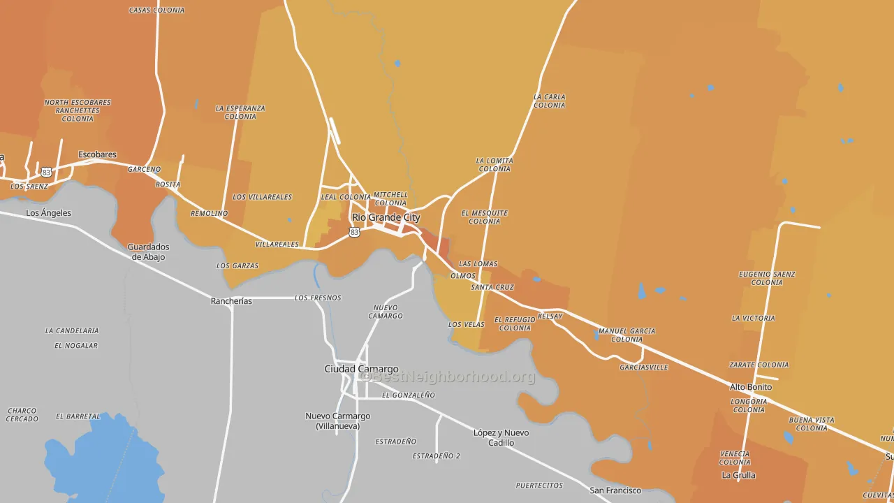 Map of the best neighborhoods in the Rio Grande City area, with better matches in green and worse matches in red
