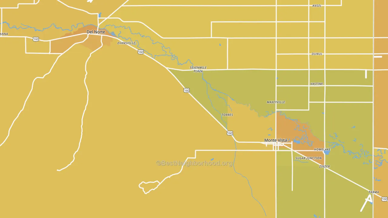 Map of the best neighborhoods in the Rio Grande County area, with better matches in green and worse matches in red