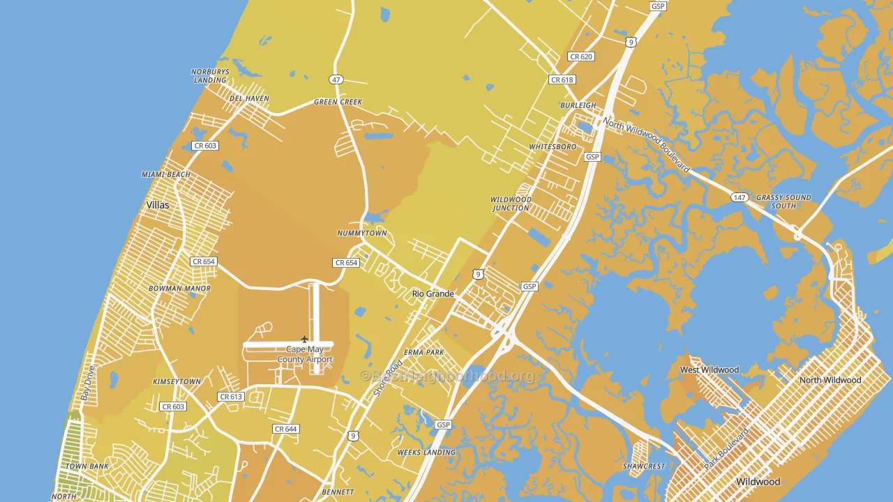 Map of the best neighborhoods in the Rio Grande area, with better matches in green and worse matches in red