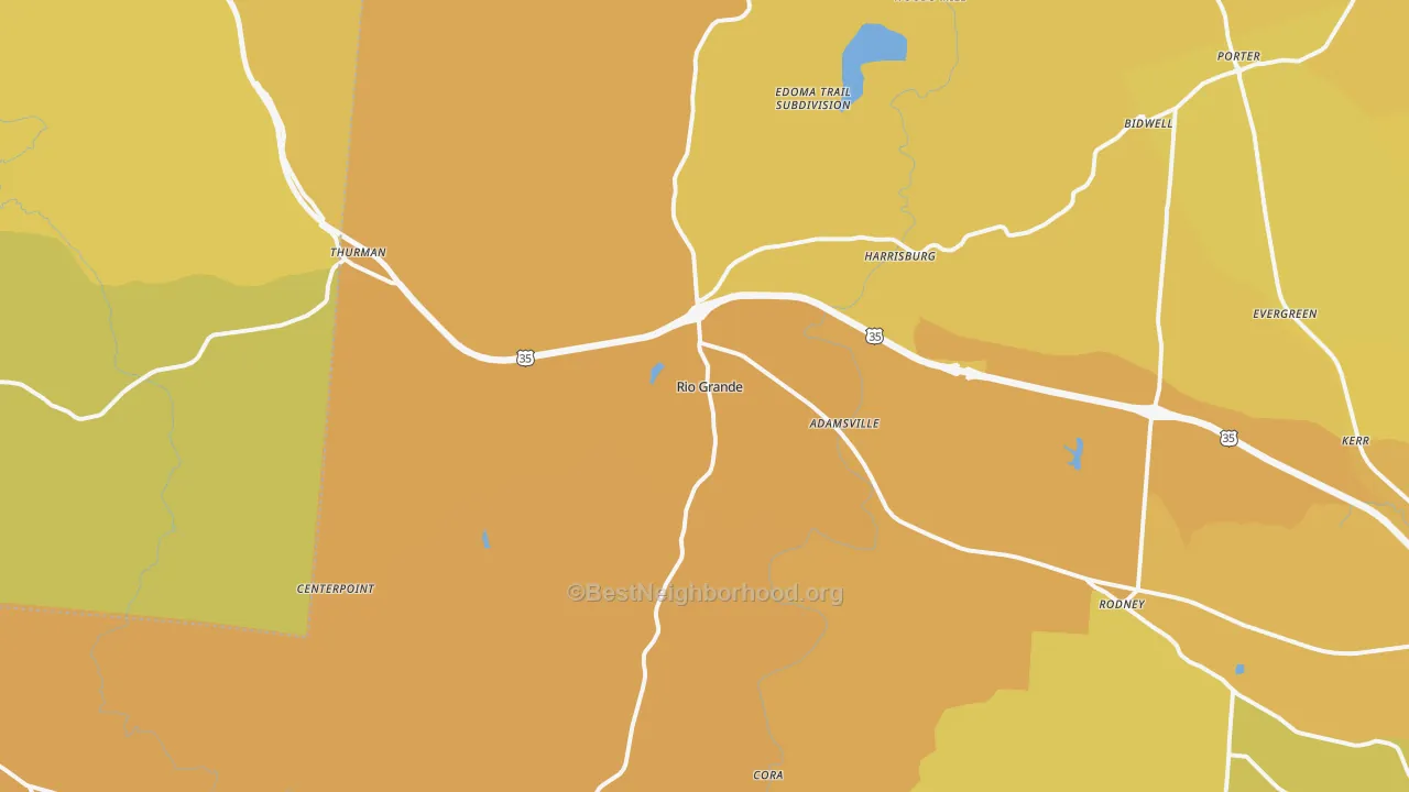 Map of the best neighborhoods in the Rio Grande area, with better matches in green and worse matches in red