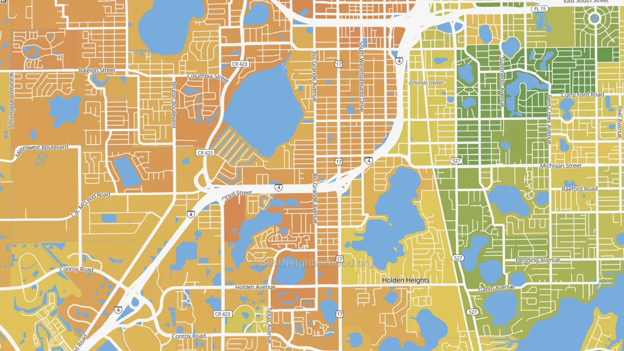 Map of the best neighborhoods in the Rio Grande Park, Orlando area, with better matches in green and worse matches in red