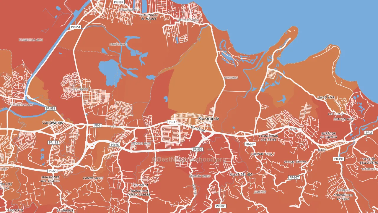 Map of the best neighborhoods in the Rio Grande area, with better matches in green and worse matches in red