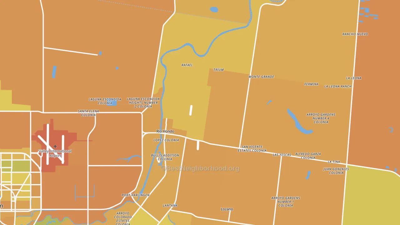 Map of the best neighborhoods in the Rio Hondo area, with better matches in green and worse matches in red