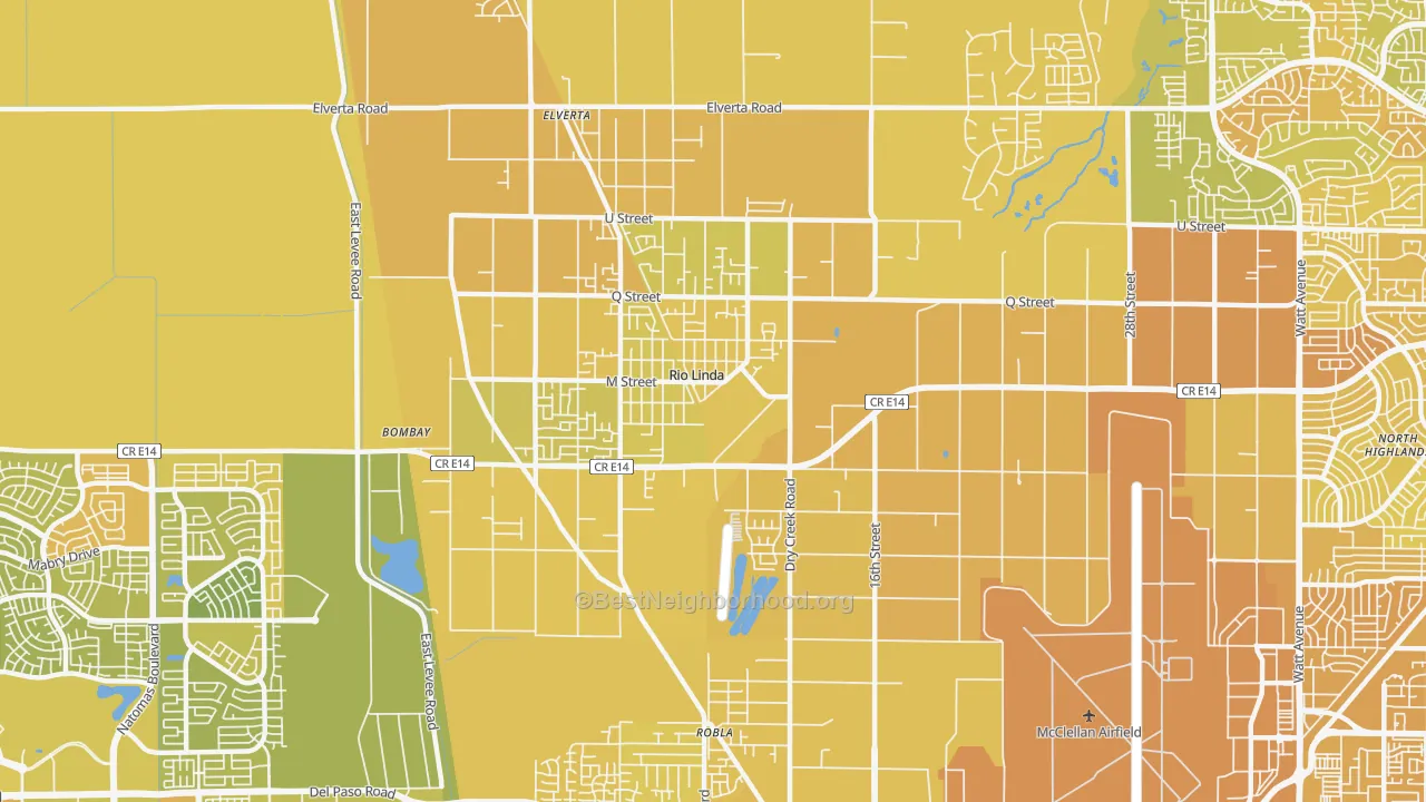 Map of the best neighborhoods in the Rio Linda area, with better matches in green and worse matches in red