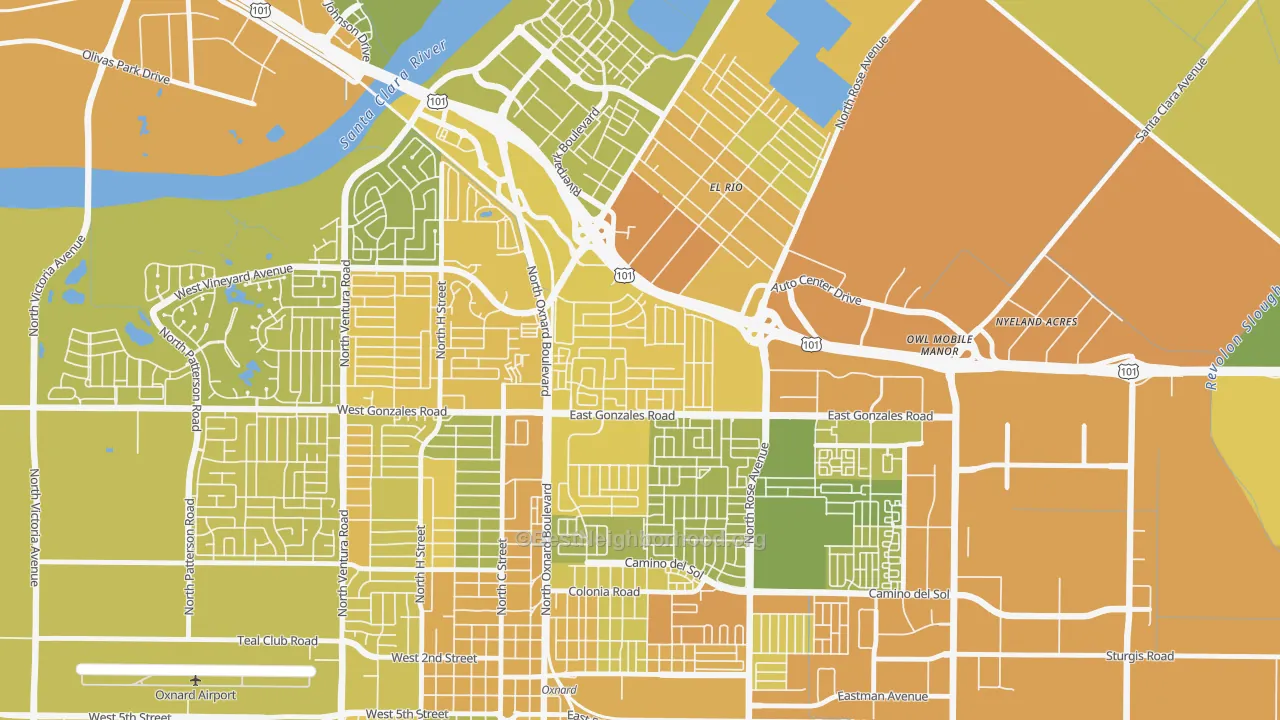 Map of the best neighborhoods in the Rio Lindo, Oxnard area, with better matches in green and worse matches in red