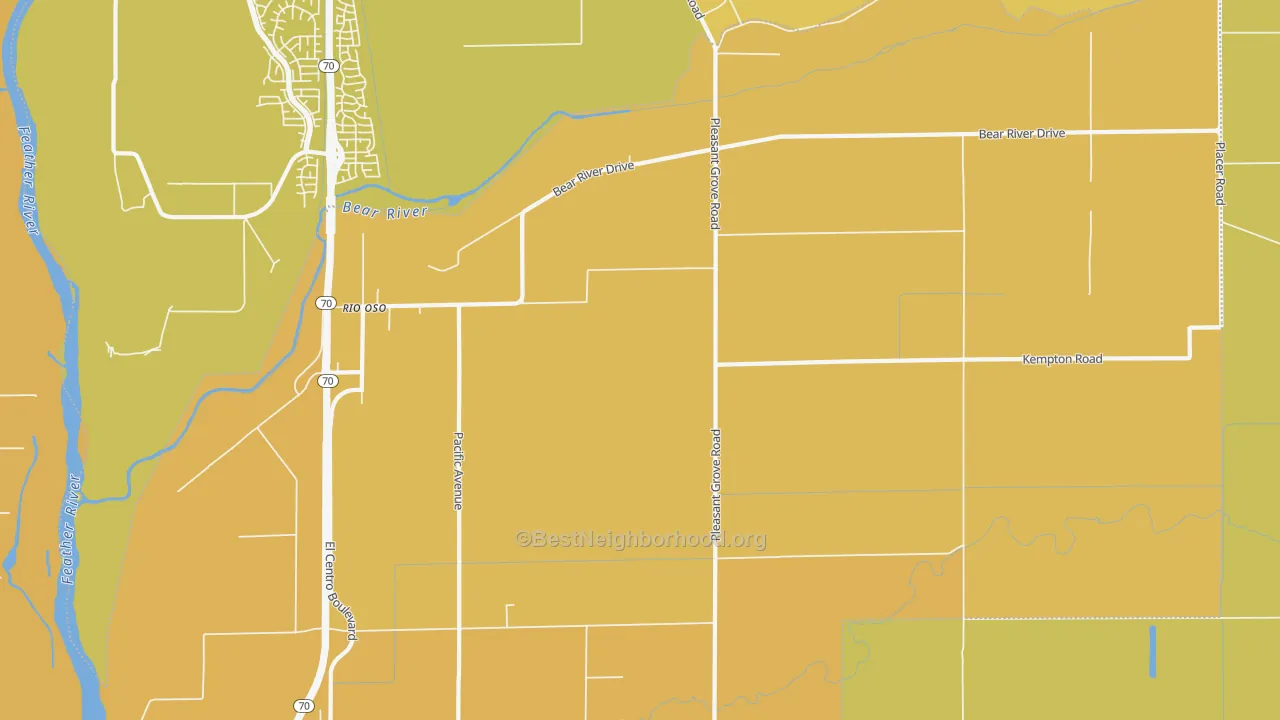 Map of the best neighborhoods in the Rio Oso area, with better matches in green and worse matches in red