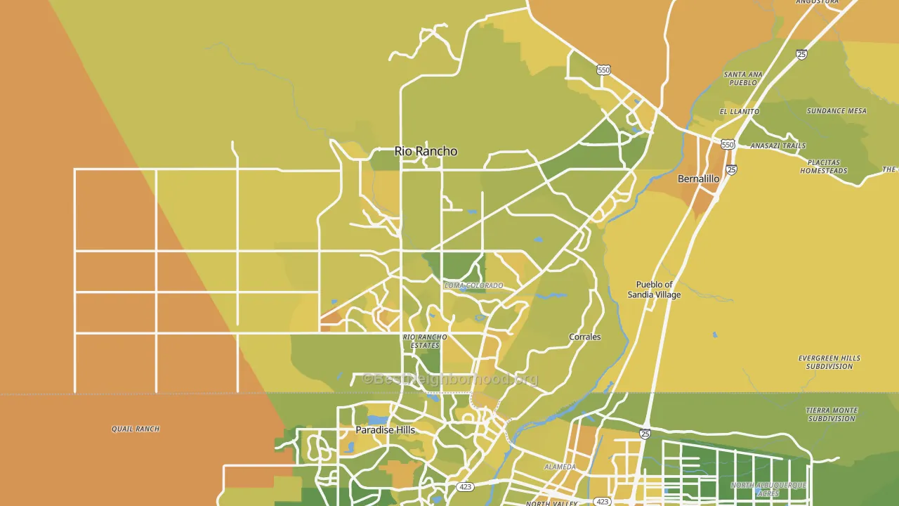 Map of the best neighborhoods in the Rio Rancho area, with better matches in green and worse matches in red