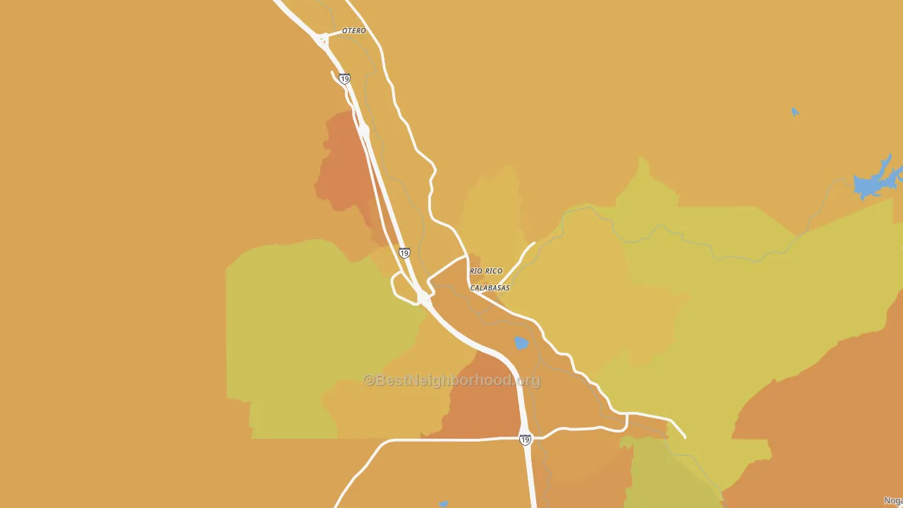 Map of the best neighborhoods in the Rio Rico area, with better matches in green and worse matches in red