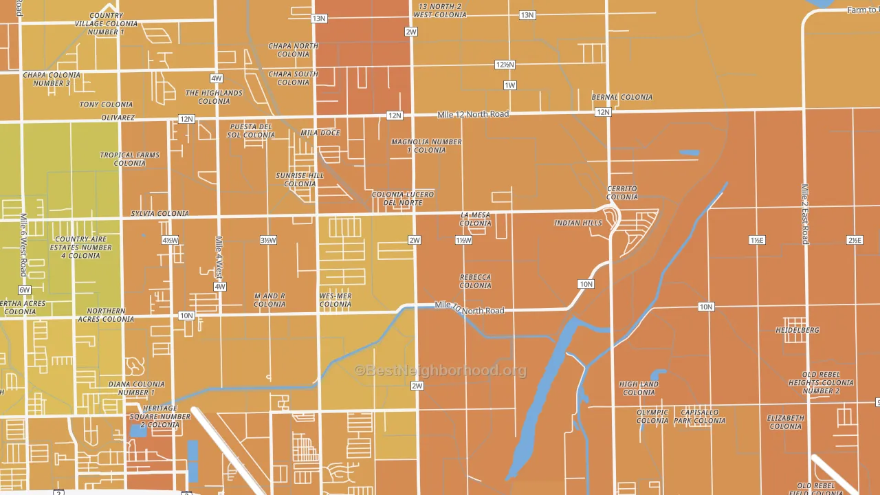 Map of the best neighborhoods in the Rio Rico area, with better matches in green and worse matches in red