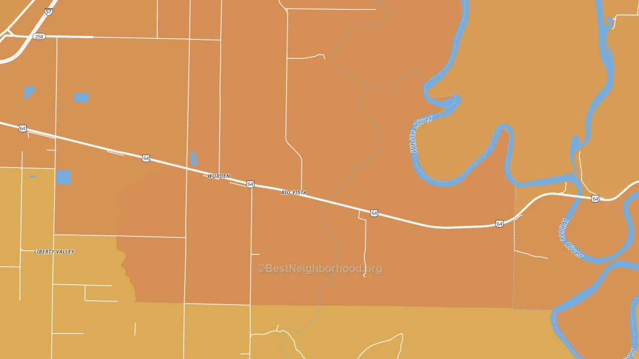 Map of the best neighborhoods in the Rio Vista area, with better matches in green and worse matches in red
