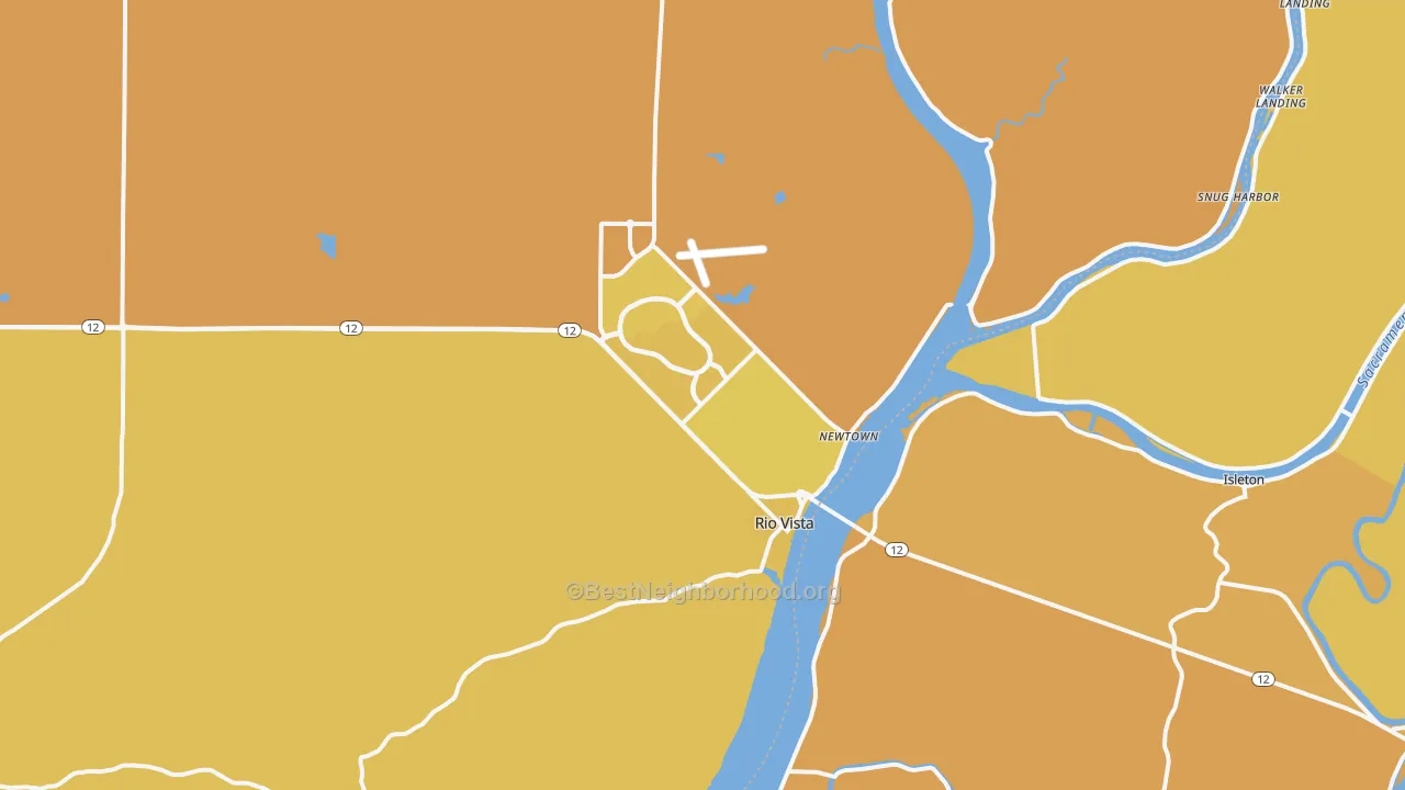Map of the best neighborhoods in the Rio Vista area, with better matches in green and worse matches in red