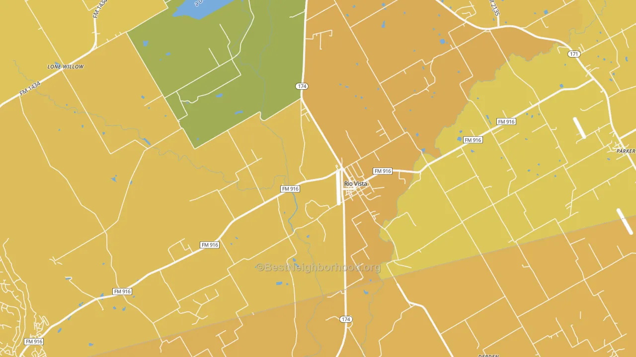 Map of the best neighborhoods in the Rio Vista area, with better matches in green and worse matches in red
