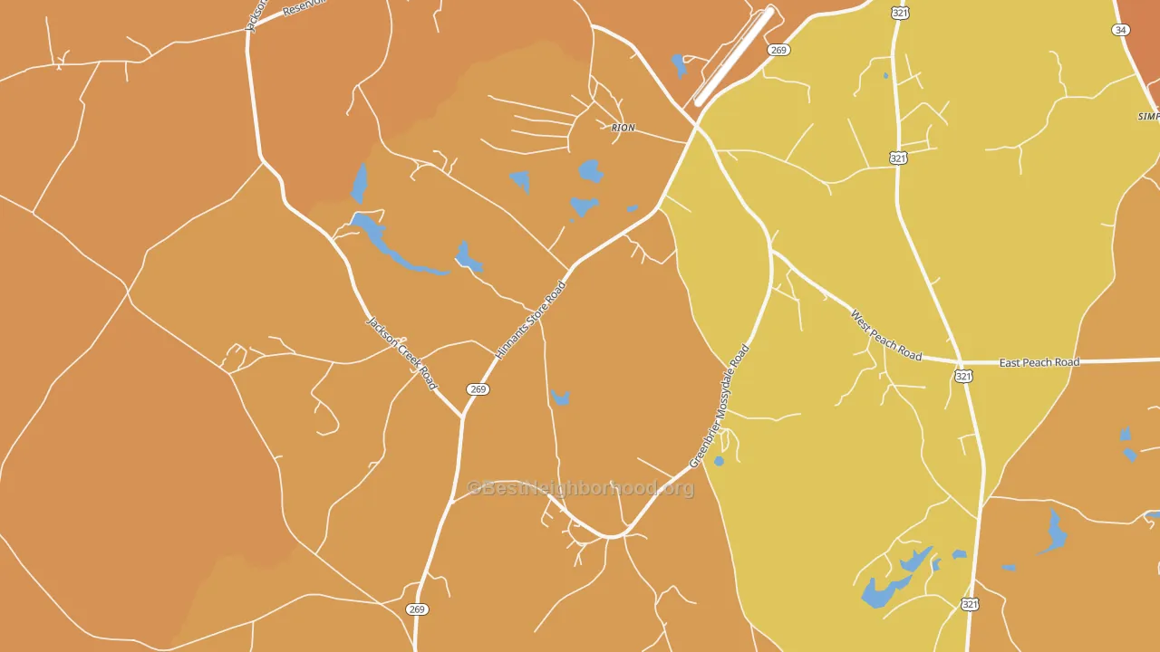 Map of the best neighborhoods in the Rion area, with better matches in green and worse matches in red