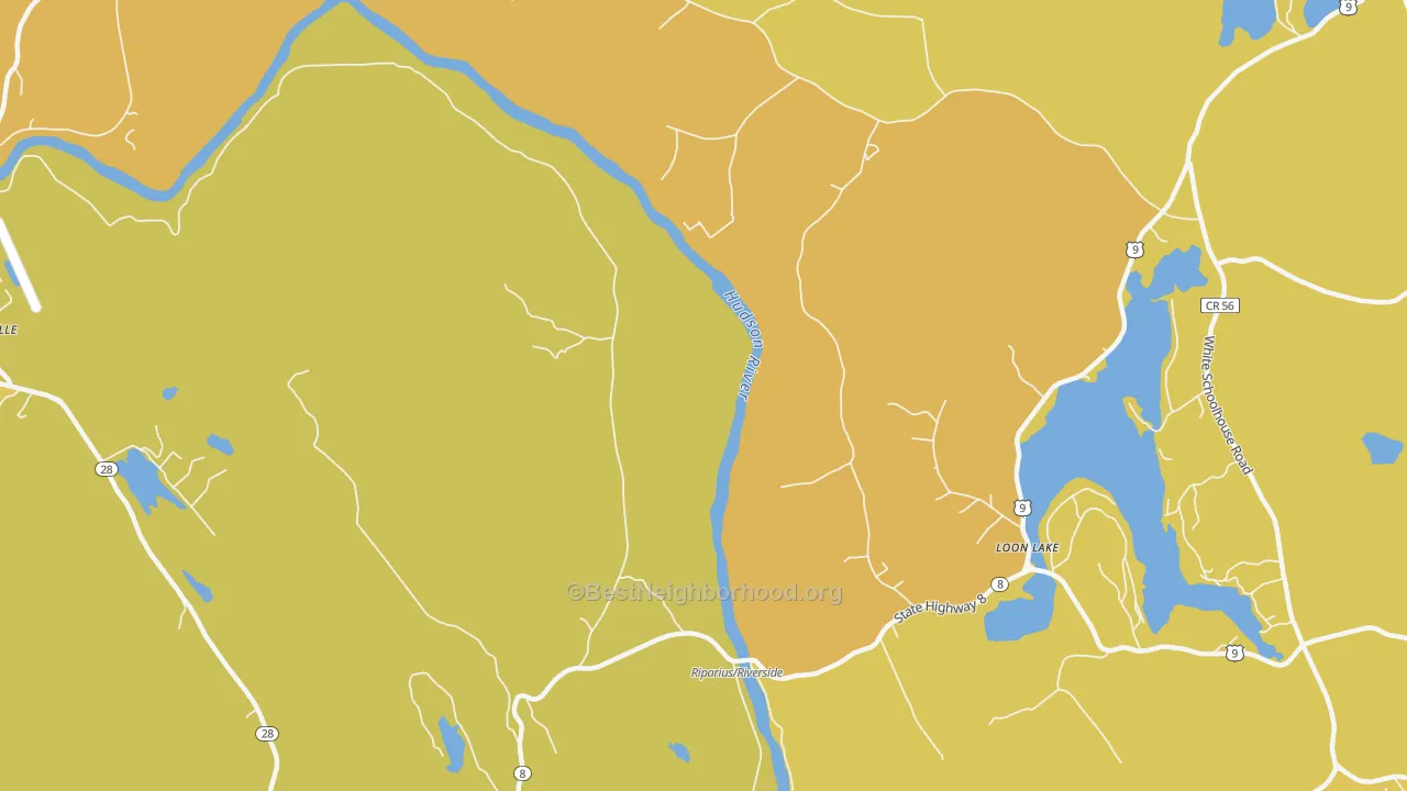 Map of the best neighborhoods in the Riparius area, with better matches in green and worse matches in red