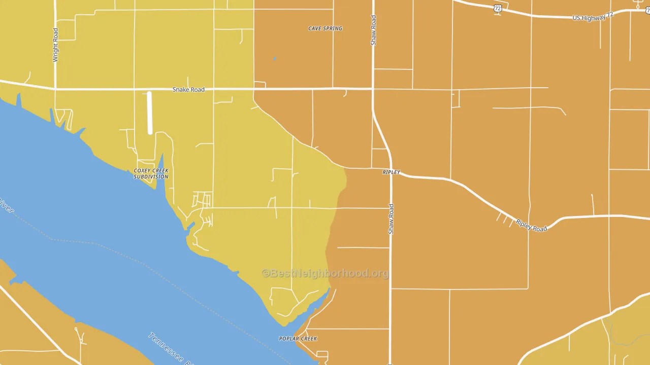 Map of the best neighborhoods in the Ripley area, with better matches in green and worse matches in red