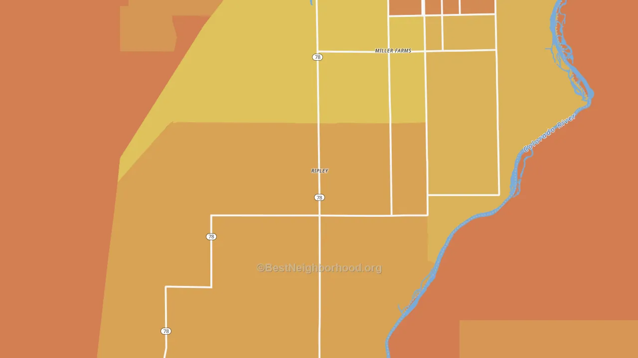 Map of the best neighborhoods in the Ripley area, with better matches in green and worse matches in red