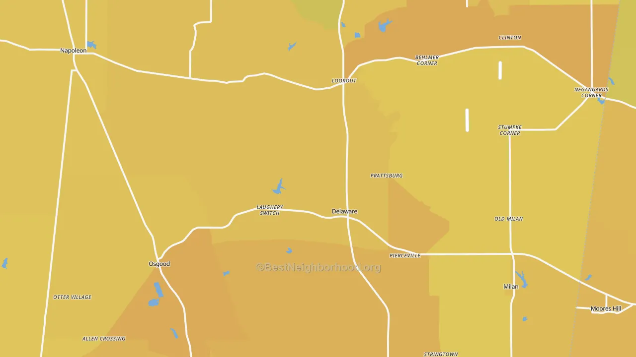 Map of the best neighborhoods in the Ripley County area, with better matches in green and worse matches in red