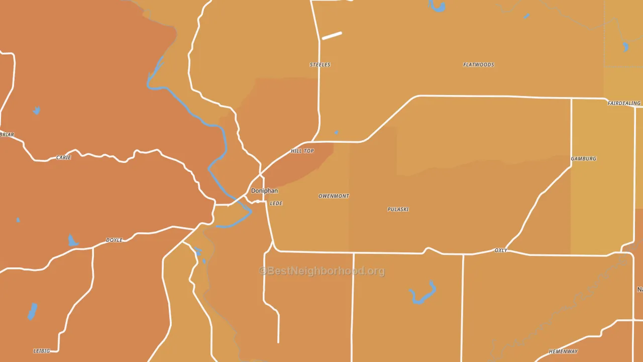 Map of the best neighborhoods in the Ripley County area, with better matches in green and worse matches in red