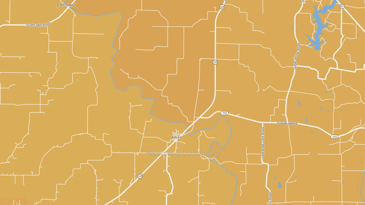 Map of the best neighborhoods in the Ripley area, with better matches in green and worse matches in red
