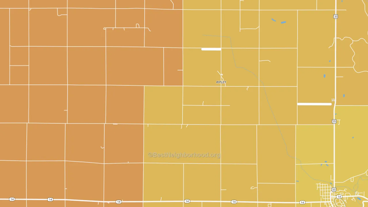 Map of the best neighborhoods in the Ripley area, with better matches in green and worse matches in red
