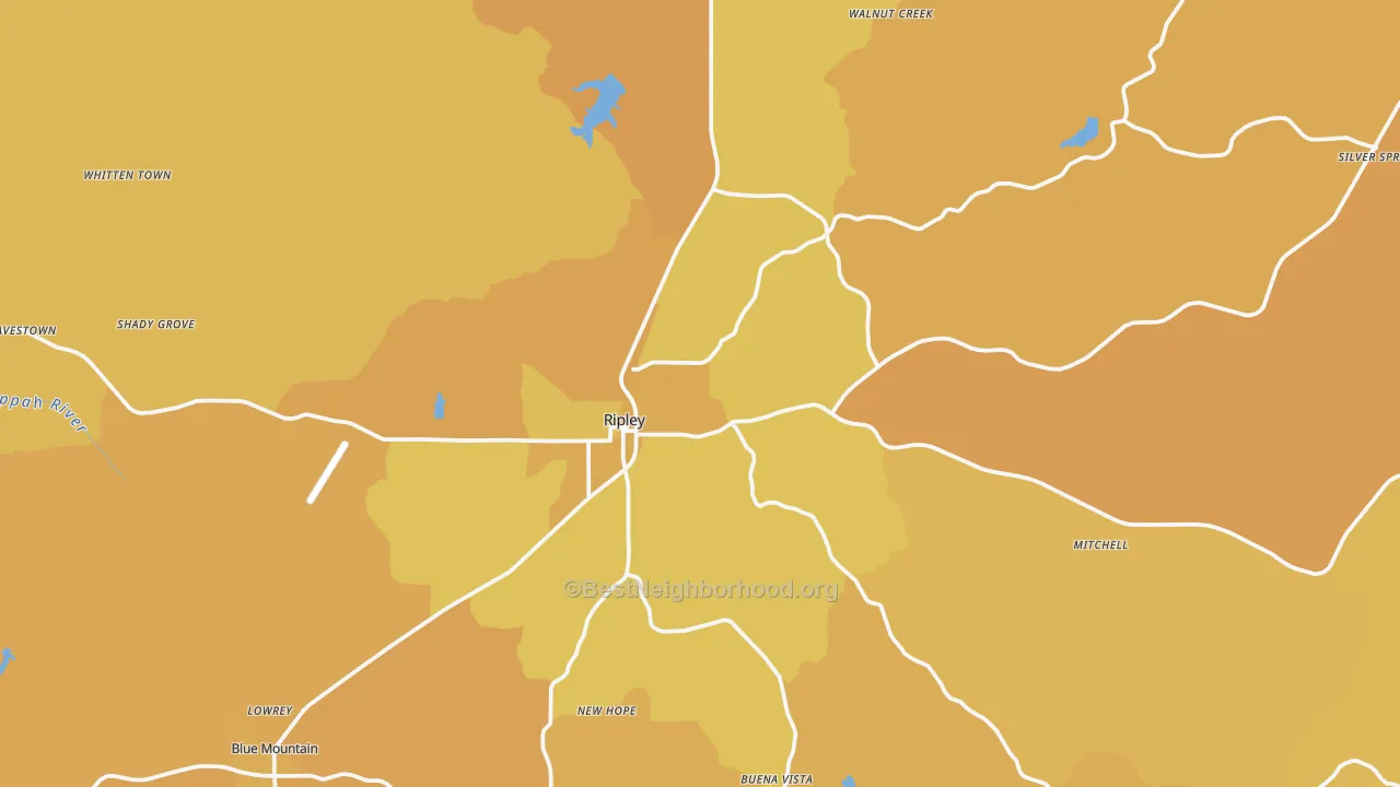 Map of the best neighborhoods in the Ripley area, with better matches in green and worse matches in red