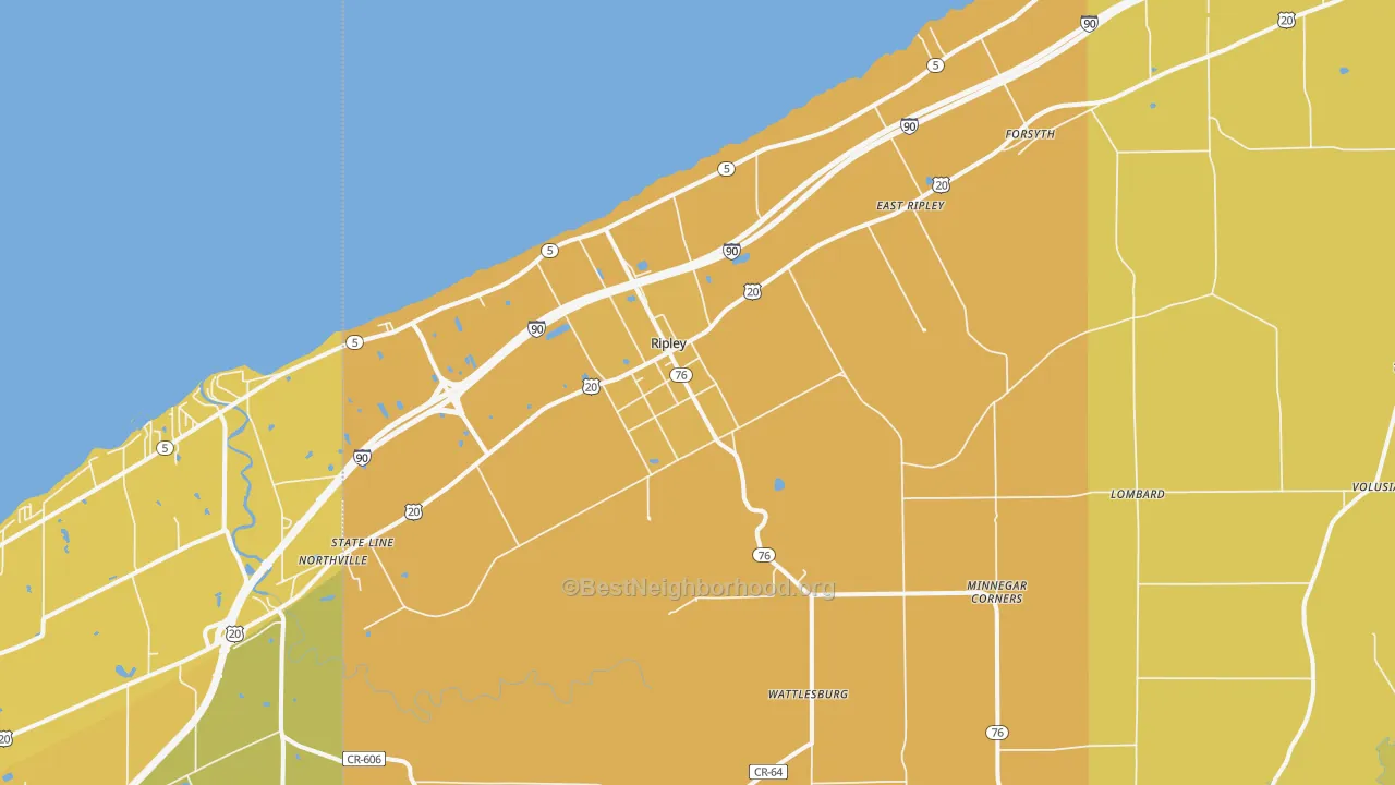 Map of the best neighborhoods in the Ripley area, with better matches in green and worse matches in red