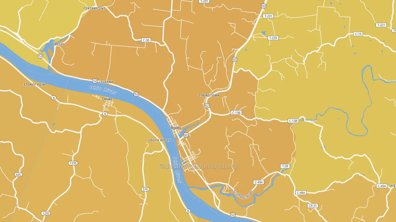 Map of the best neighborhoods in the Ripley area, with better matches in green and worse matches in red