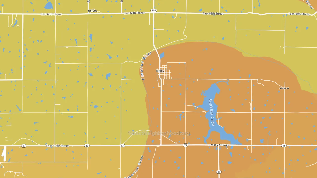 Map of the best neighborhoods in the Ripley area, with better matches in green and worse matches in red