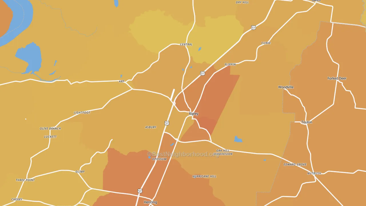 Map of the best neighborhoods in the Ripley area, with better matches in green and worse matches in red