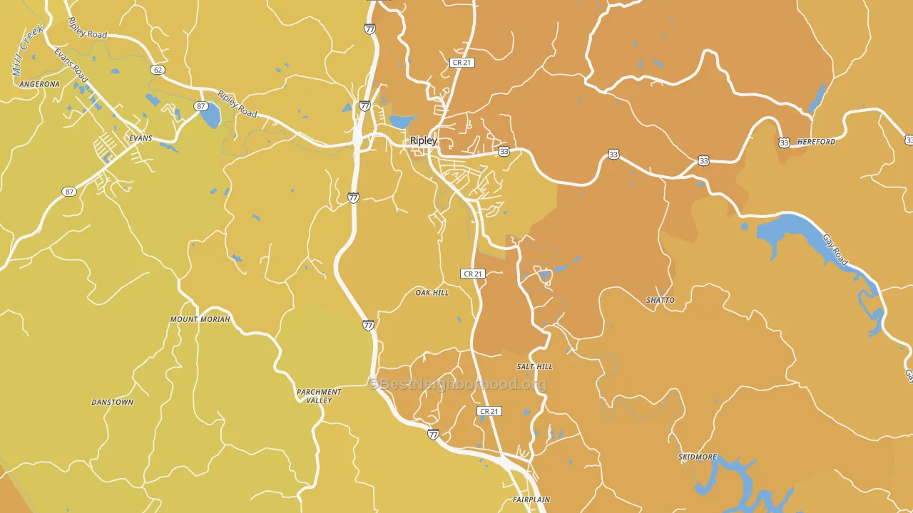 Map of the best neighborhoods in the Ripley area, with better matches in green and worse matches in red