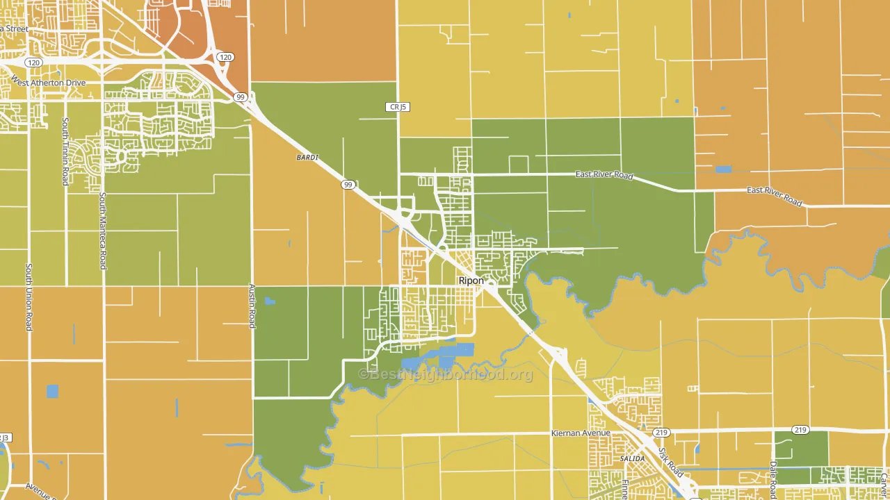 Map of the best neighborhoods in the Ripon area, with better matches in green and worse matches in red