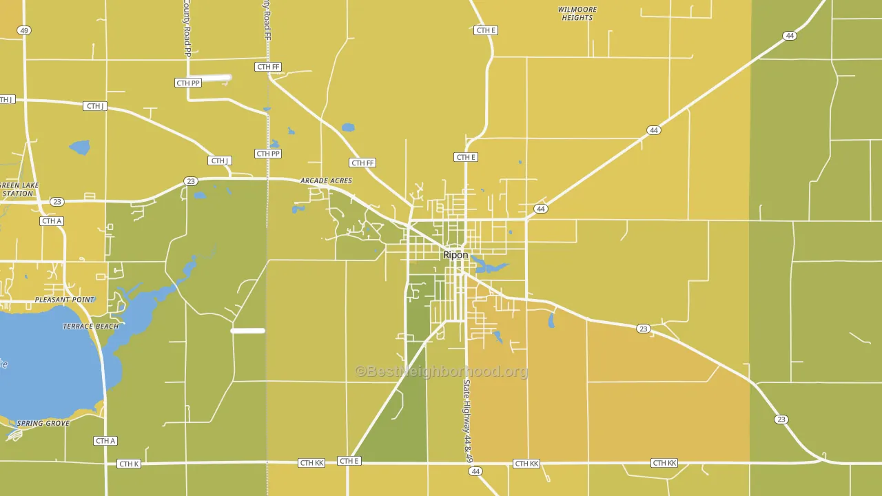 Map of the best neighborhoods in the Ripon area, with better matches in green and worse matches in red