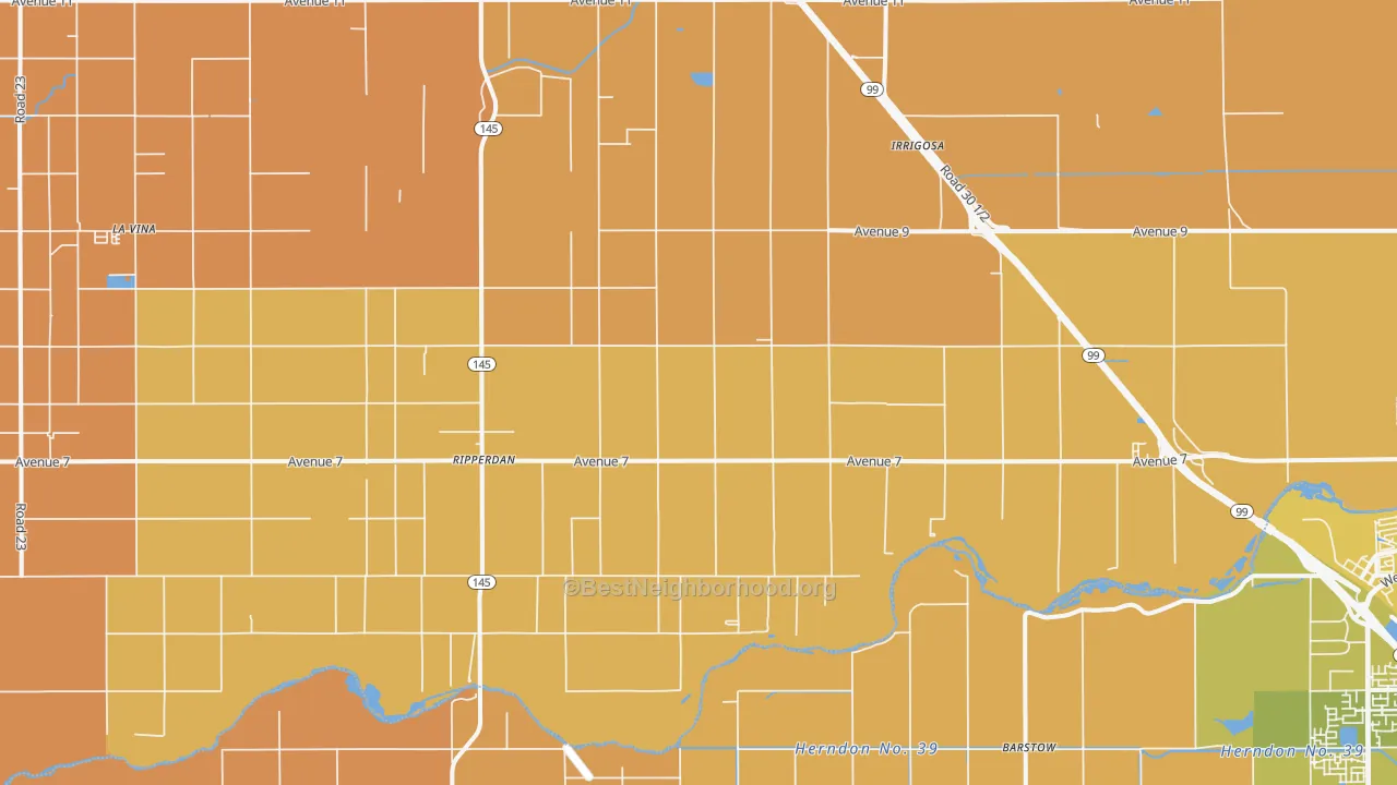 Map of the best neighborhoods in the Ripperdan area, with better matches in green and worse matches in red