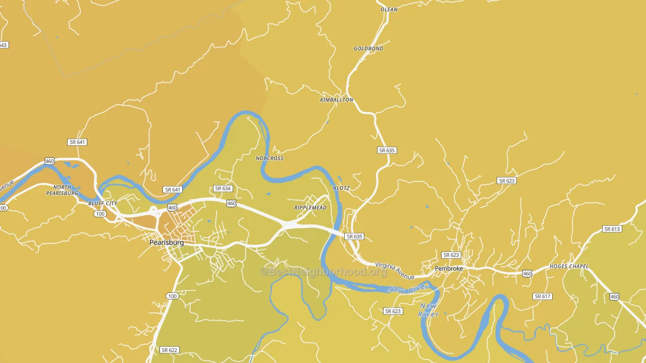 Map of the best neighborhoods in the Ripplemead area, with better matches in green and worse matches in red
