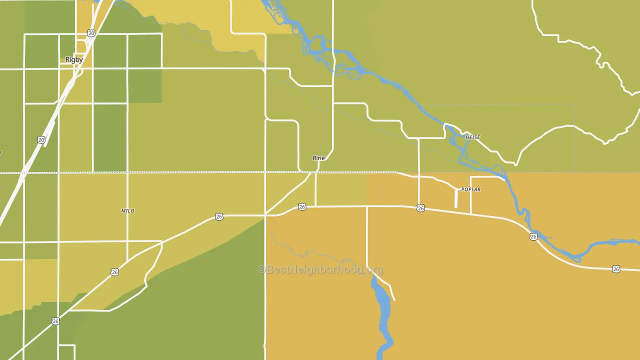 Map of the best neighborhoods in the Ririe area, with better matches in green and worse matches in red