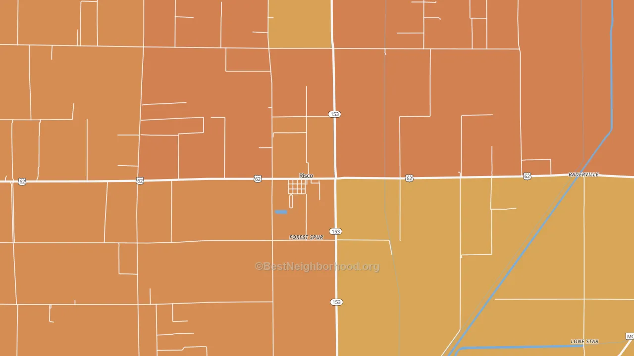 Map of the best neighborhoods in the Risco area, with better matches in green and worse matches in red